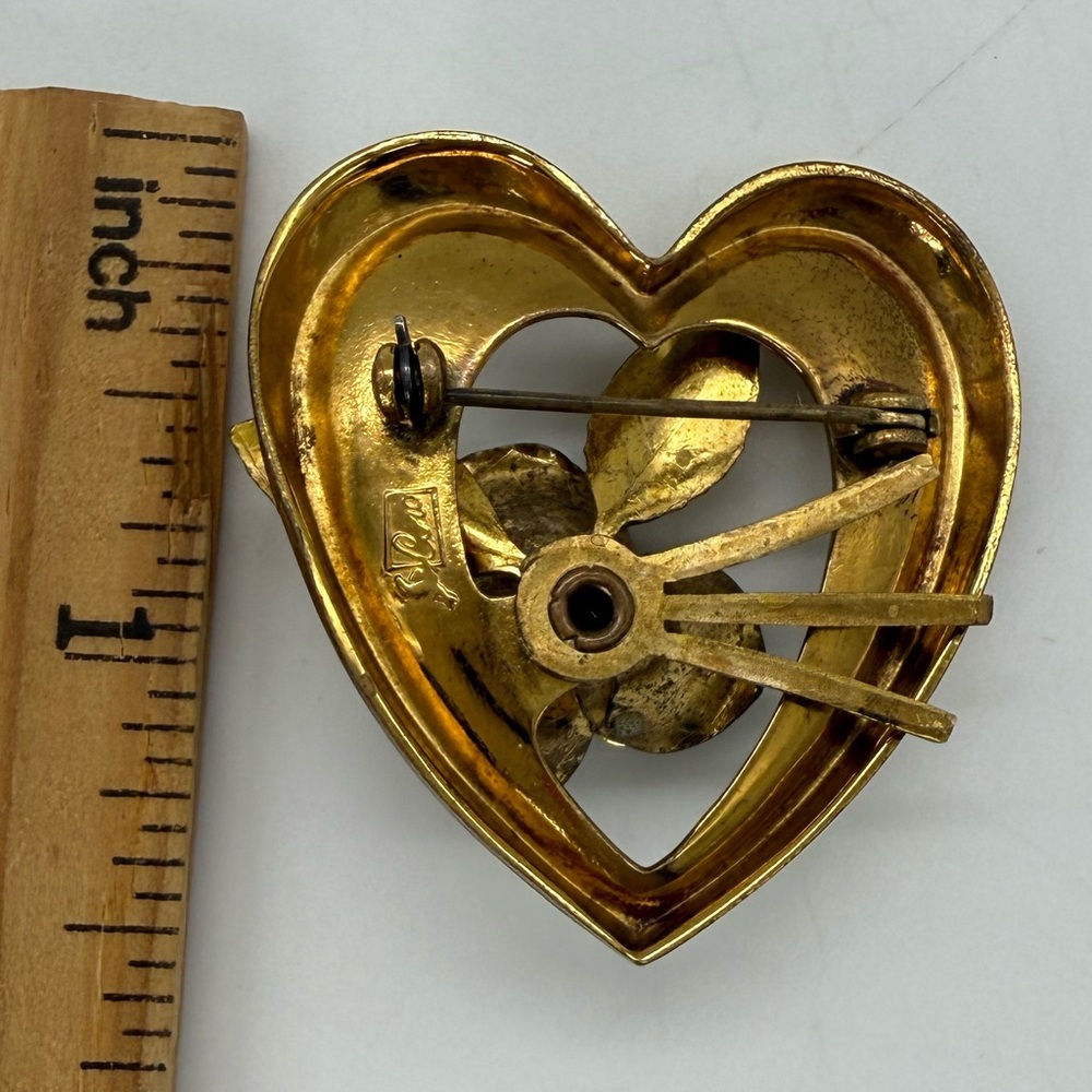 Vintage Signed Coro Gold Tone Heart Enamel Flower Rhinestone Pin Brooch Retro - Picture 3 of 10